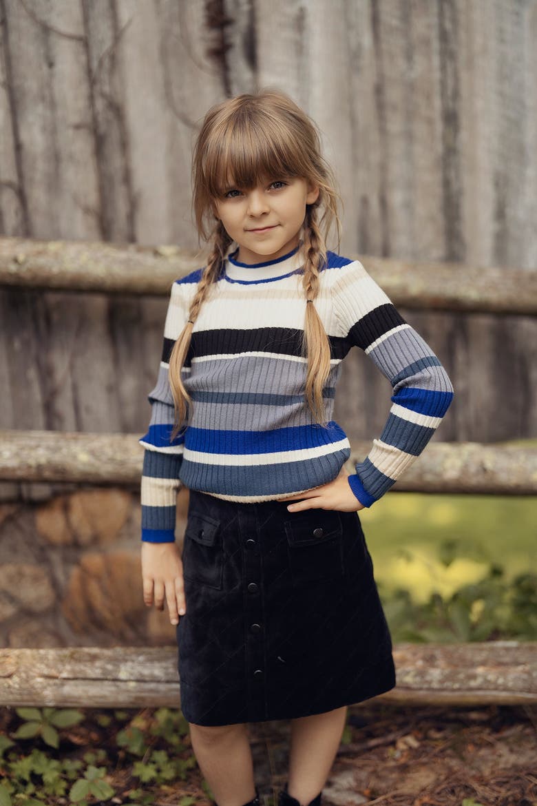 Knit Rib Stripped Top, Long Sleeve Crewneck, Alternate, color, Denim/Almond