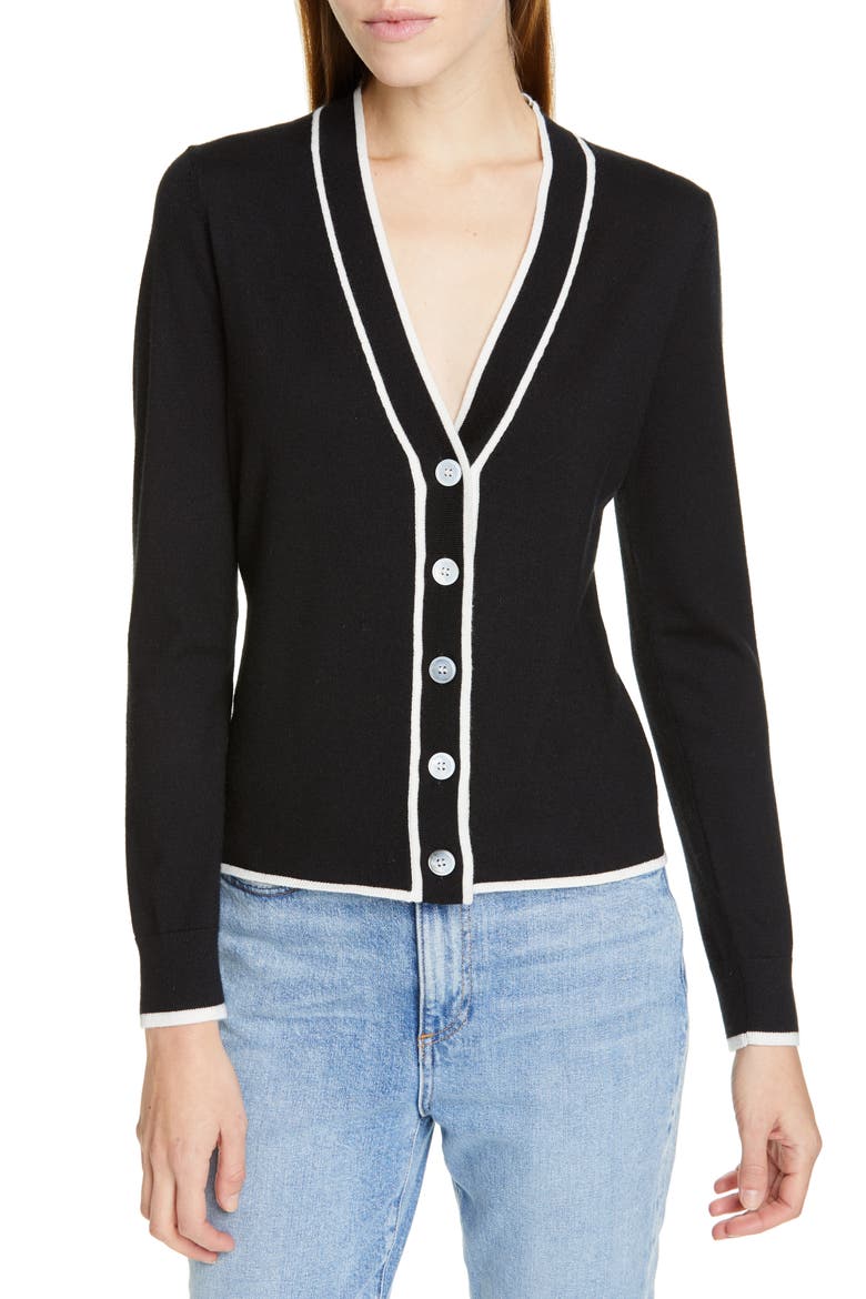 Tipped V-Neck Cardigan, Main, color, BLACK- IVORY TIP COMBO