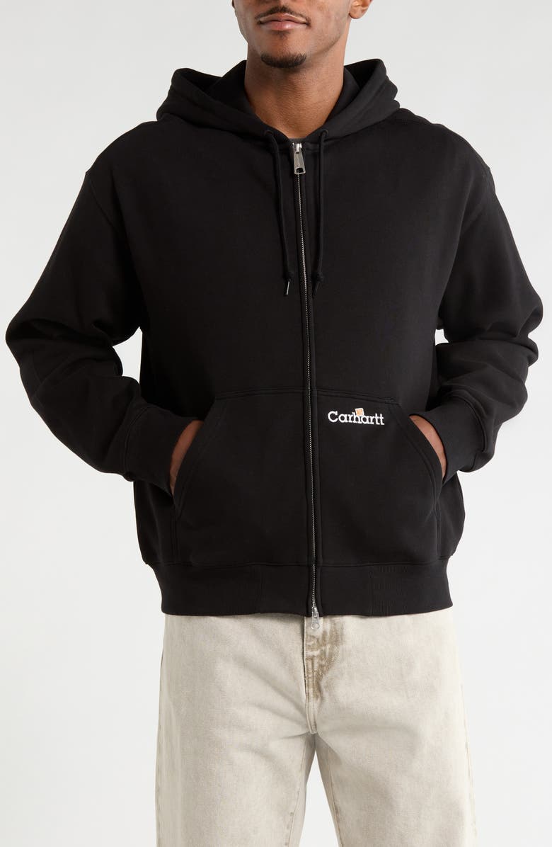 Carhartt Work In Progress Embroidered Logo ZIp Hoodie, Alternate, color, Black