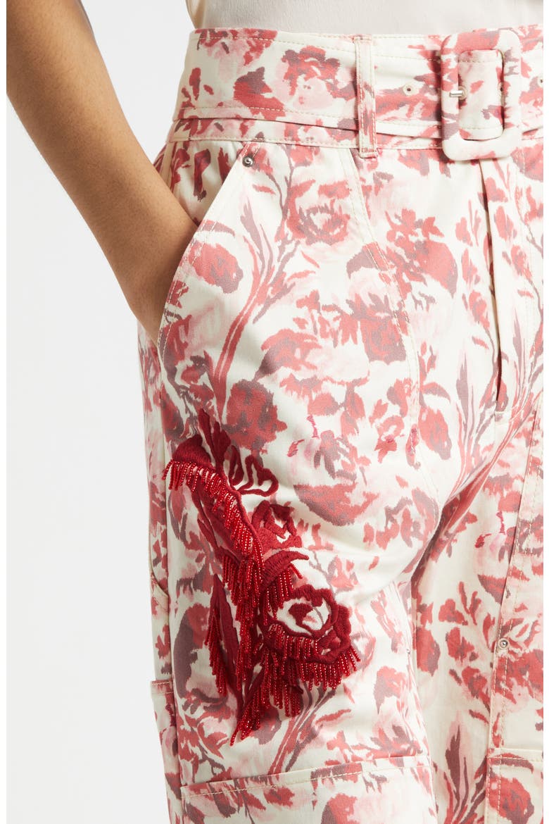 Deyo Floral Ribbons Bead Fringe Detail Stretch Cotton Pants, Alternate, color, CHERRY ROSE MULTI