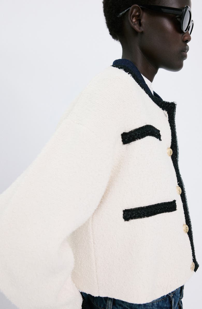 MANGO Contrast Trim Cotton Blend Crop Cardigan, Alternate, color, Ecru