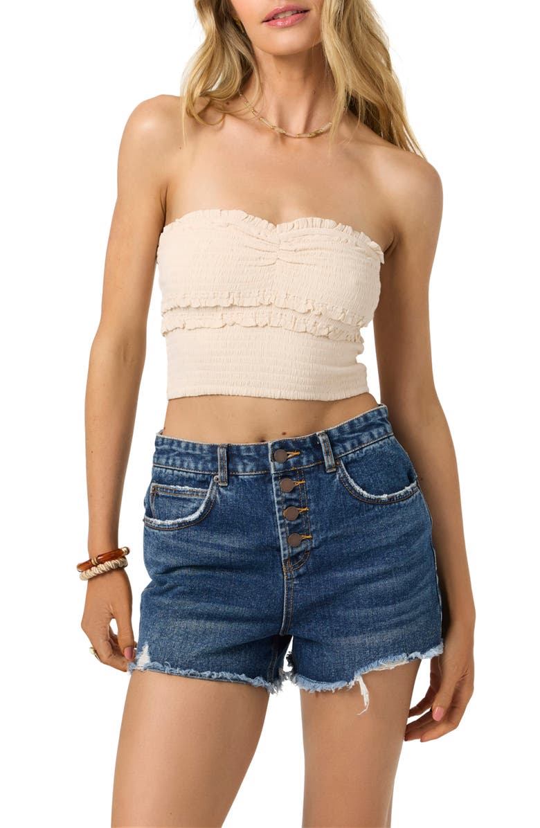 O'Neill Dedra Smocked Ruffle Strapless Crop Top, Main, color, 