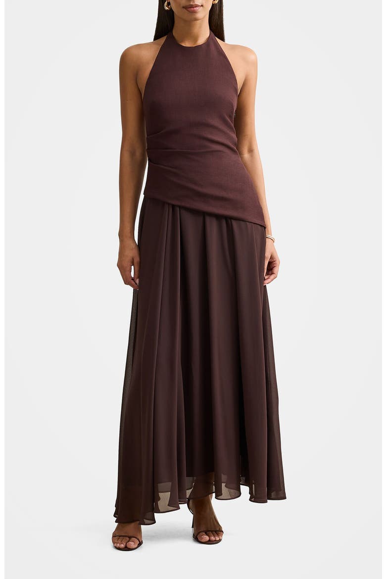 Elise Linen Blend & Chiffon Halter Maxi Dress, Main, color, CHOCOLATE