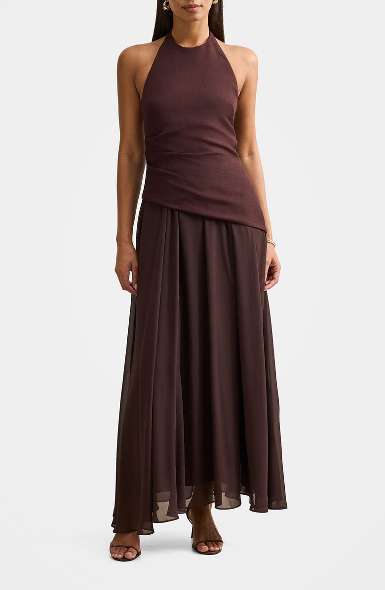 Ever New Elise Linen Blend & Chiffon Halter Maxi Dress, Main, color, Chocolate