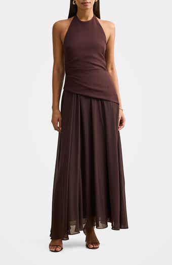 Elise Linen Blend & Chiffon Halter Maxi Dress