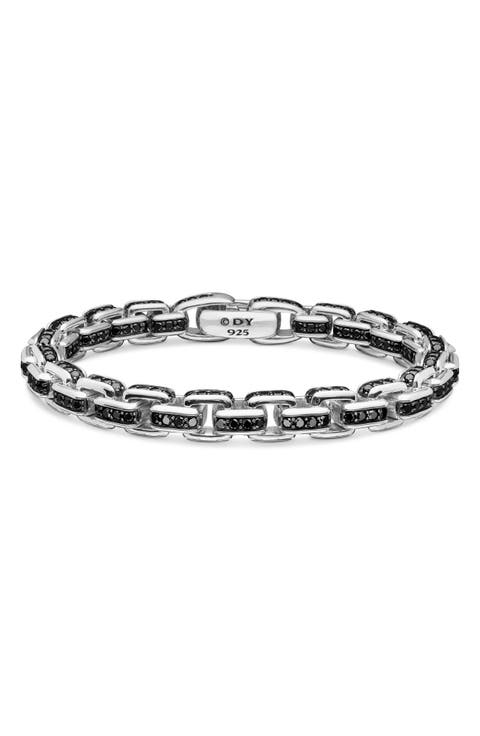 Men's Box Chain Bracelet in Sterling Silver with Black Diamonds, 7.3mm