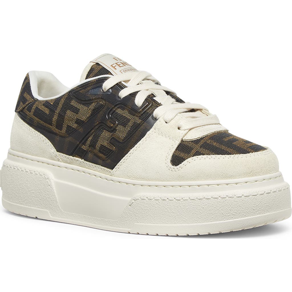 Fendi Canvas And White Suede Platform Low-tops In Crema/tobacco