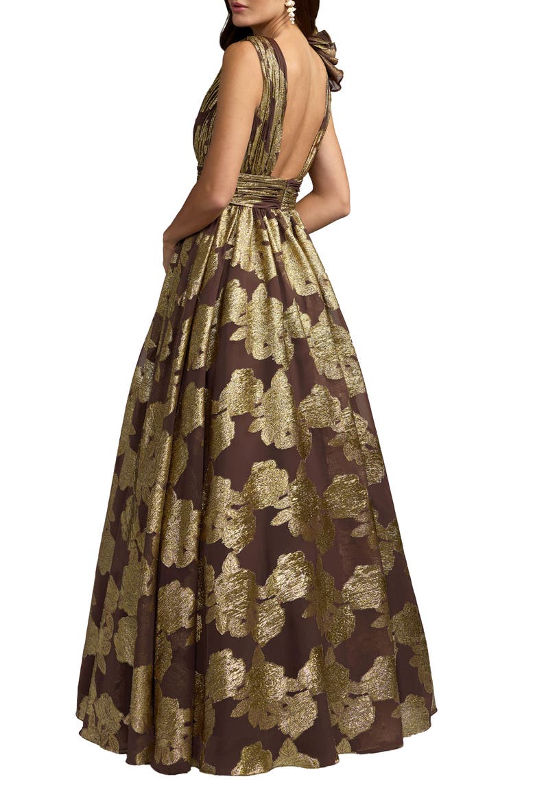 Metallic V-Neck Ruffle Detail Ball Gown, Alternate, color, Chocolate