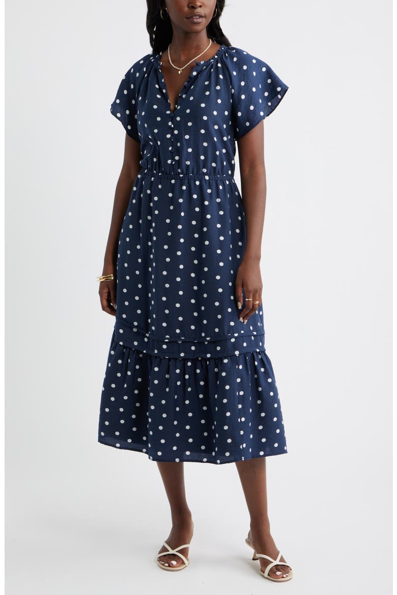 Front Button Midi Dress, Main, color, NAVY STILL- WHITE TOSS DOT