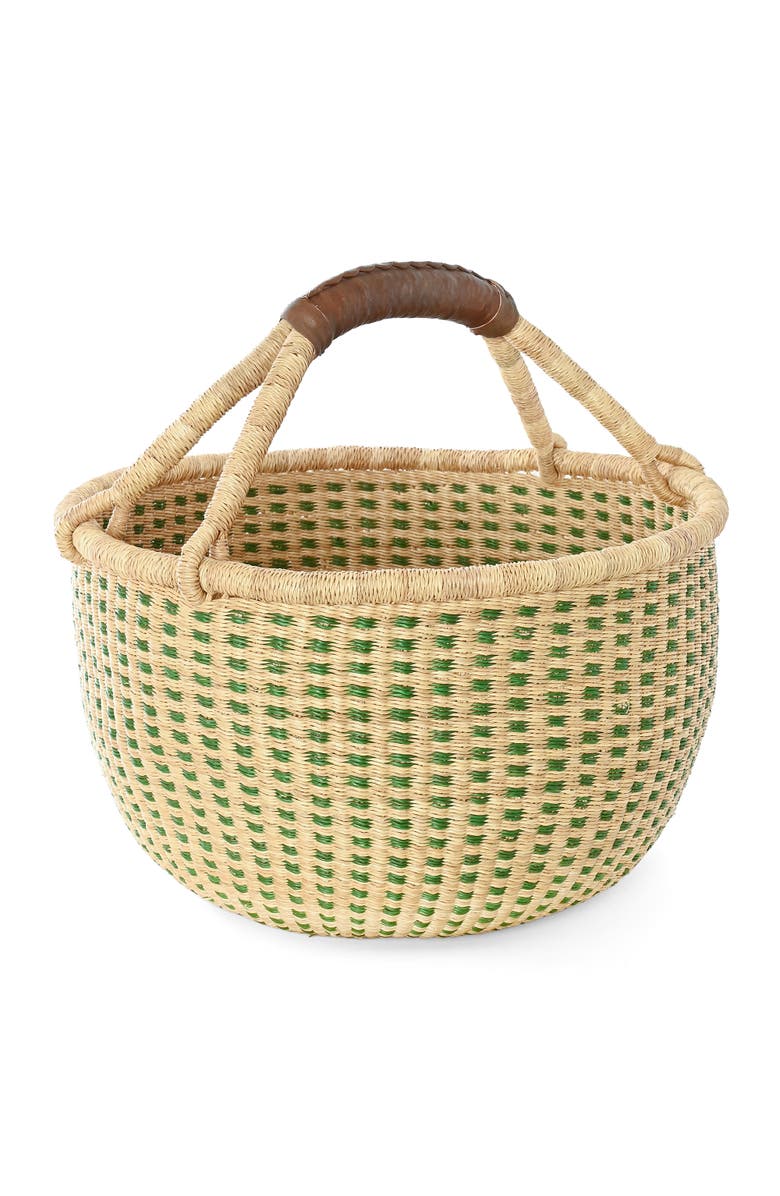 African Modern Forest Green and Natural Checked Bolga Basket, Main, color, Green