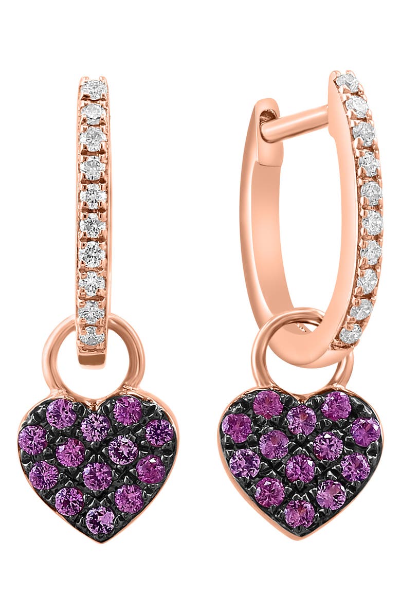 EFFY 14K Rose Gold Diamond & Pavé Pink Sapphire Heart Drop Huggie Hoop Earrings - 0.14ct., Alternate, color, 