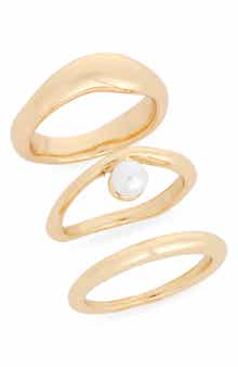 Set of 3 Faux Pearl Organic Band Rings