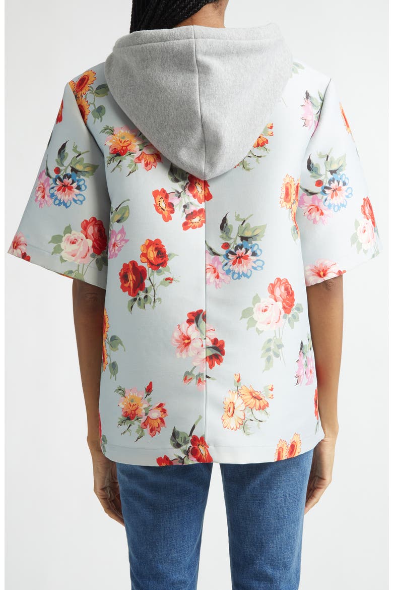 The Aine Floral Short Sleeve Virgin Wool & Silk Faille Hoodie, Alternate, color, LIGHT BLUE FLORAL