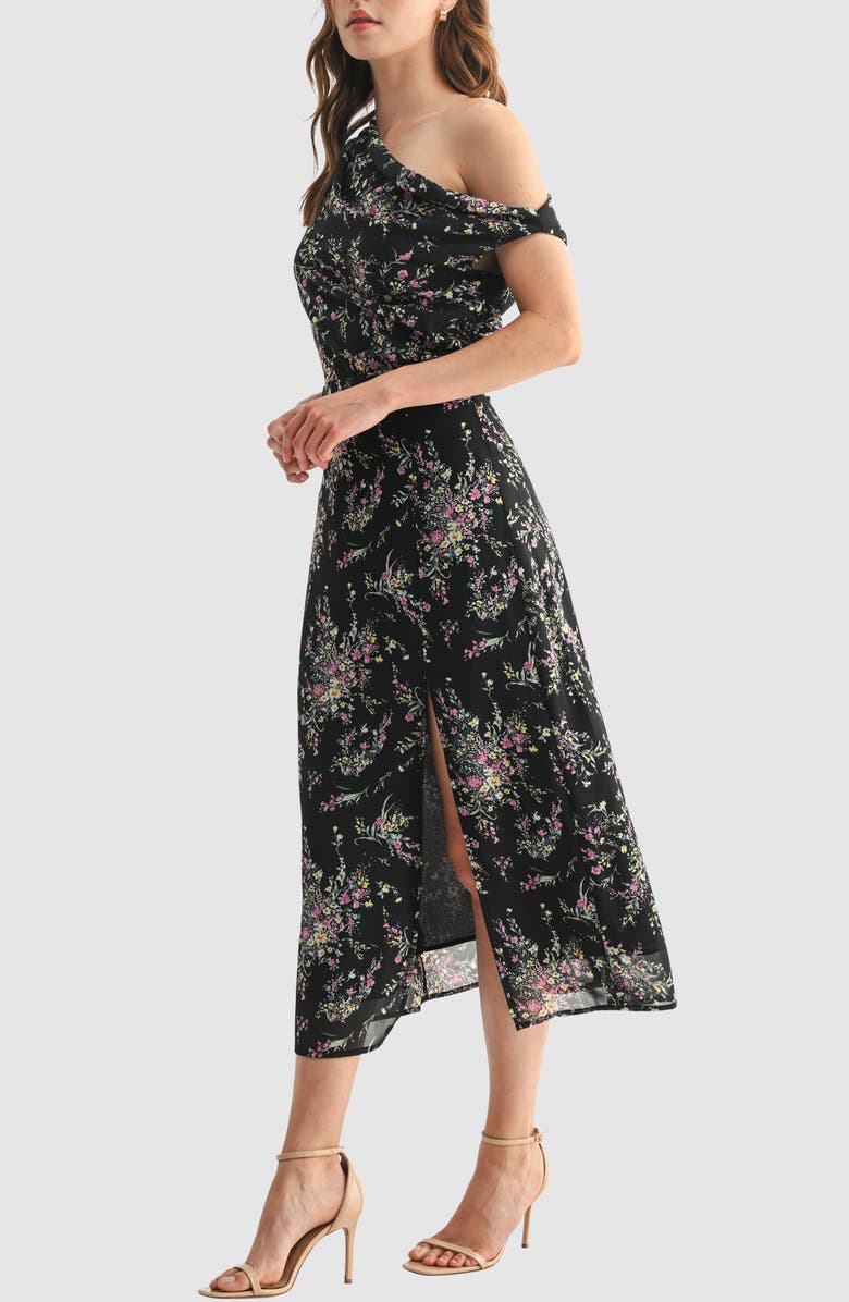 Lush Floral One-Shoulder Chiffon Midi Dress, Alternate, color, Black Pink Floral