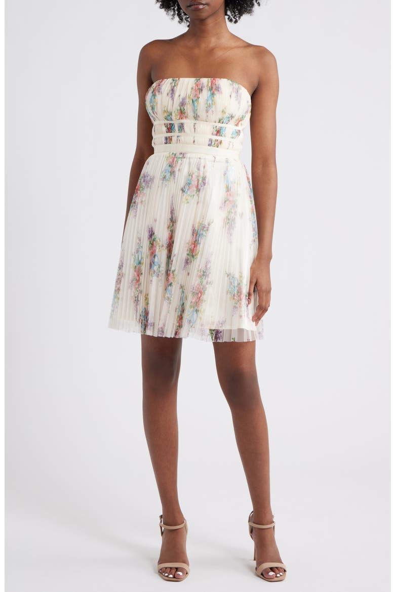 Calais Pleated Strapless Cocktail Minidress, Main, color, IVORY FLORAL