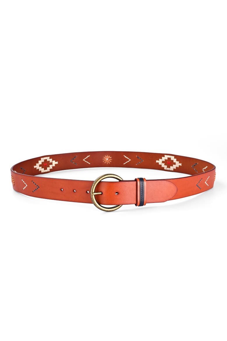Boho Genuine Leather Perforated Handcrafted Detail Belt, Alternate, color, Camel