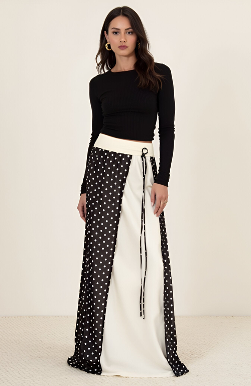 Modenaire Polka Dot Overlay Contrast Panel Side-tie Maxi Skirt In Black