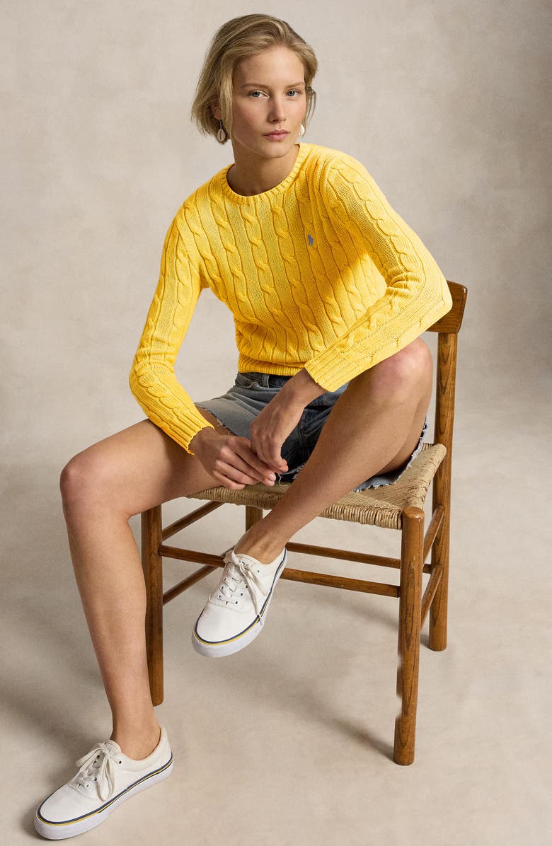 Polo Ralph Lauren Cable Stitch Cotton Crewneck Sweater, Alternate, color, Beach Yellow