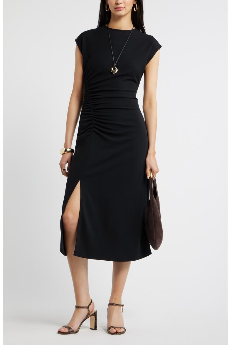 Side Ruched Knit Midi Dress, Alternate, color, BLACK