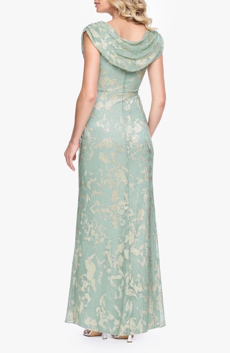 Betsy & Adam Metallic Jacquard Drape Neck Gown, Alternate, color, Sage/ Gold