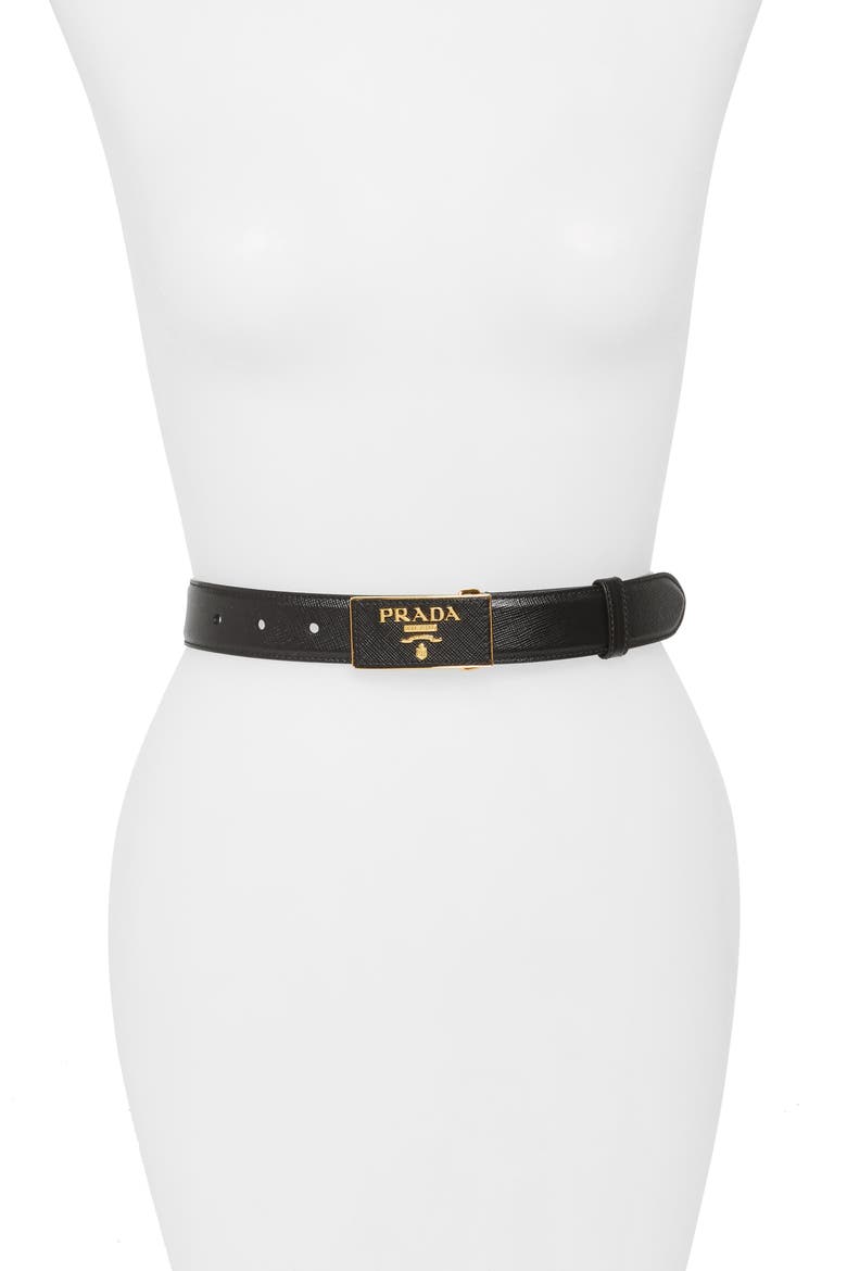 Square Logo Plate Saffiano Leather Belt, Main, color, NERO/ GOLD