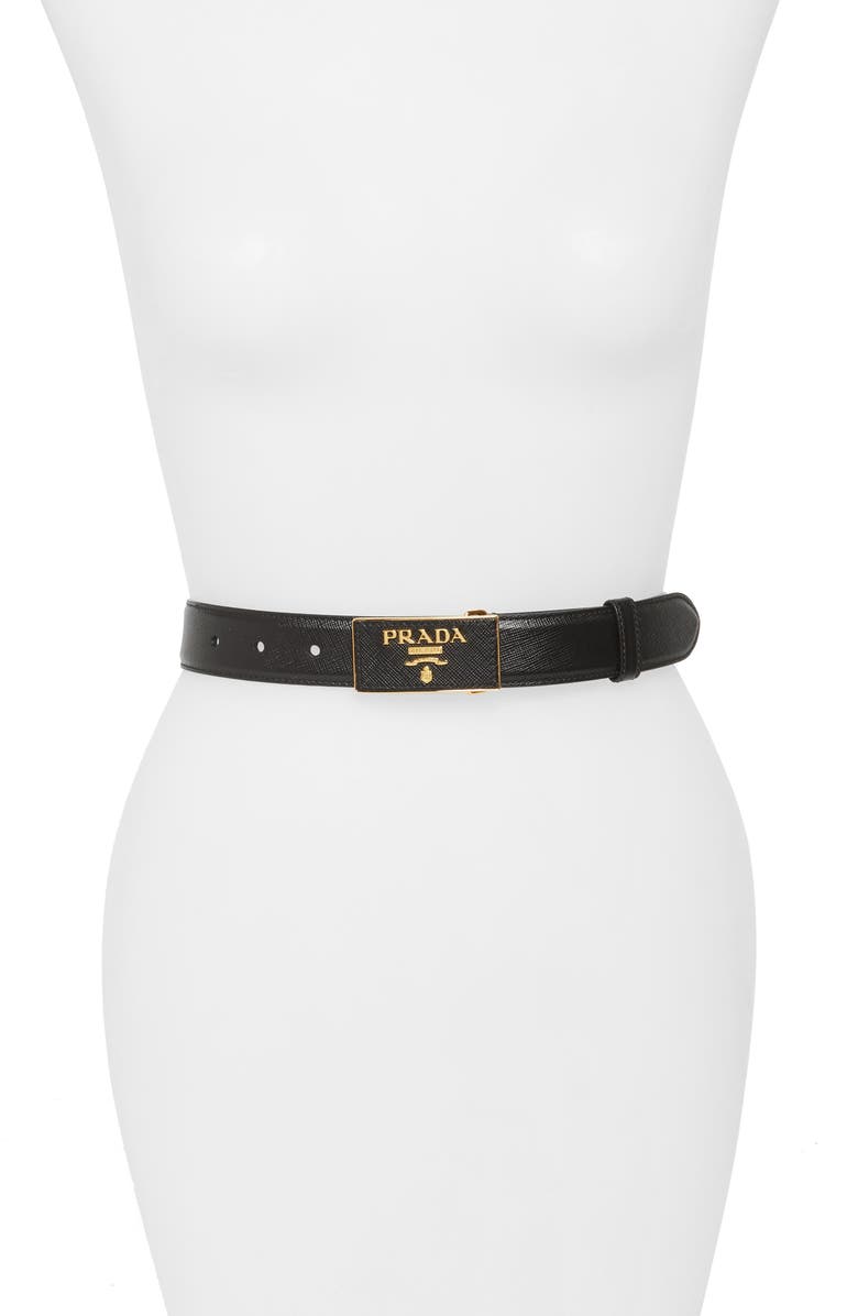 Prada Square Logo Plate Saffiano Leather Belt, Main, color, 