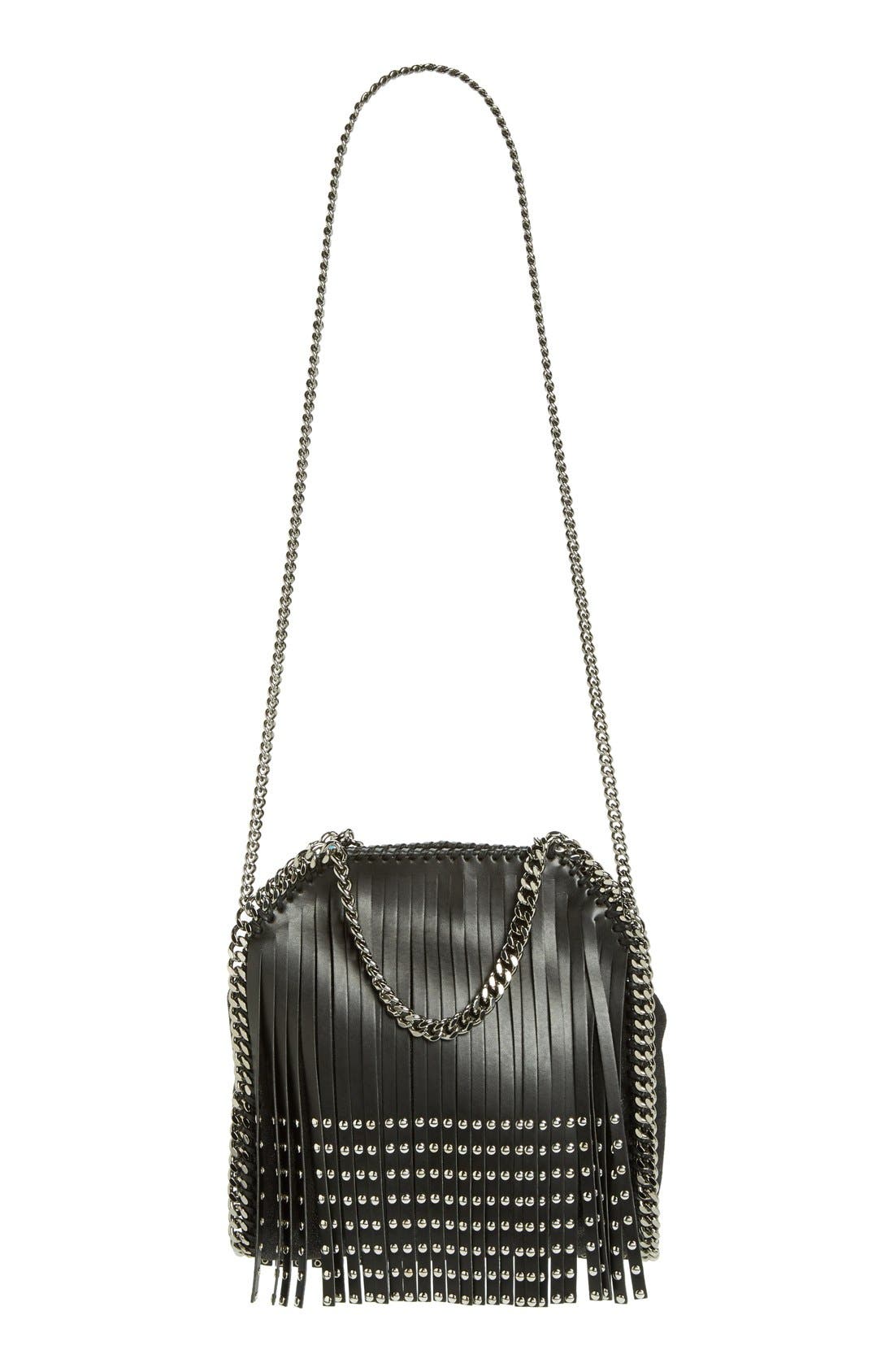 'Falabella' Studded Fringe Shoulder Bag, Alternate, color, BLACK