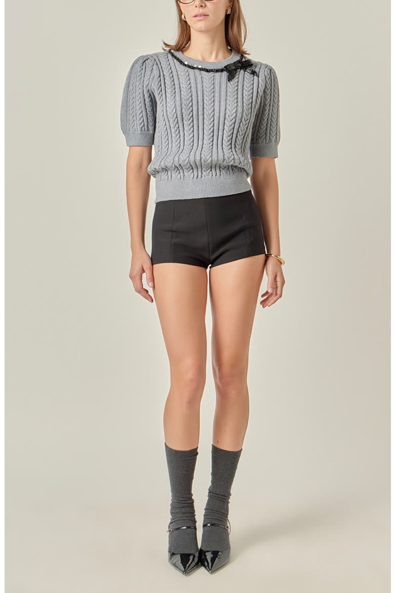 Big Bow Puff Sleeve Sweater, Alternate, color, HEATHER GREY