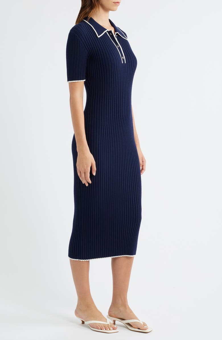 ZOE AND CLAIRE Collared Ribbed Knit Midi Dress, Alternate, color, Navy/ White