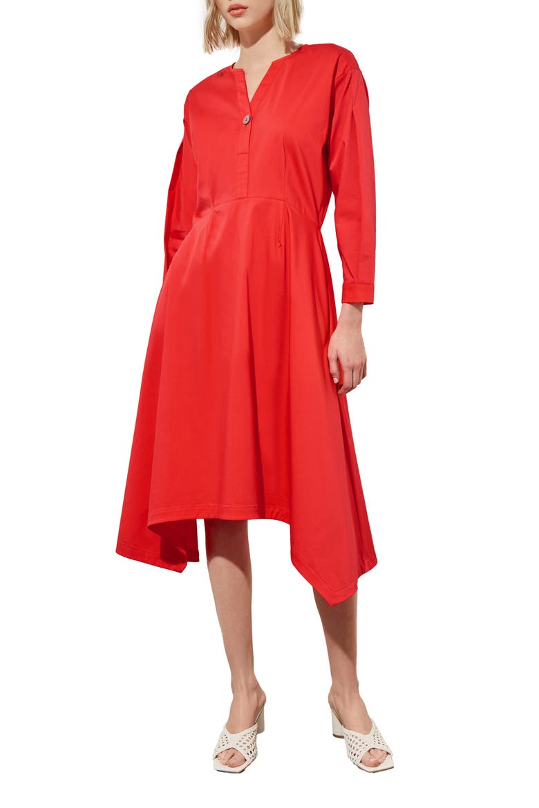 Long Sleeve Asymmetric Hem Cotton Blend Dress, Main, color, FLAMENCO