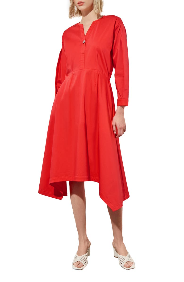 Ming Wang Long Sleeve Asymmetric Hem Cotton Blend Dress, Main, color, Flamenco