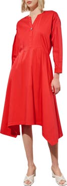Ming Wang Long Sleeve Asymmetric Hem Cotton Blend Dress