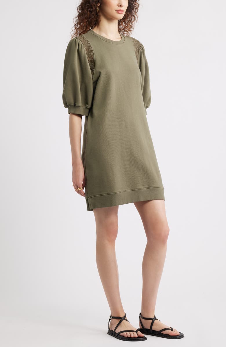 Treasure & Bond Lace Inset Puff Sleeve Cotton Blend Sweatshirt Dress, Alternate, color, Olive Kalamata