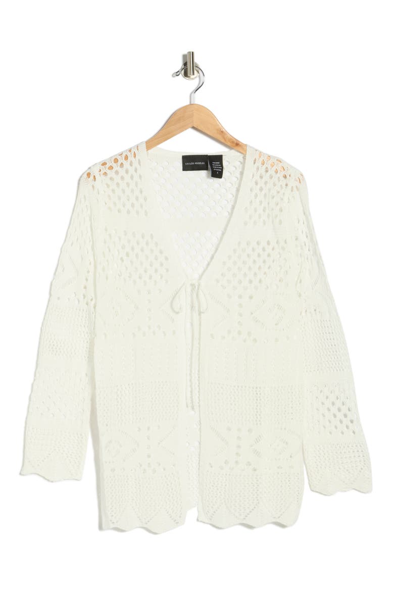 Tie Front Cotton Open Stitch Cardigan, Alternate, color, WHITE