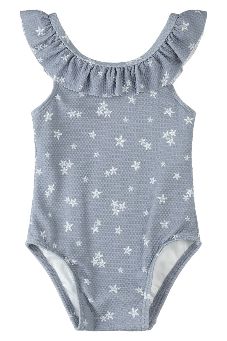 Kids' Ruffle Starfish Print One-Piece Swimsuit, Main, color, DUSTY BLUE
