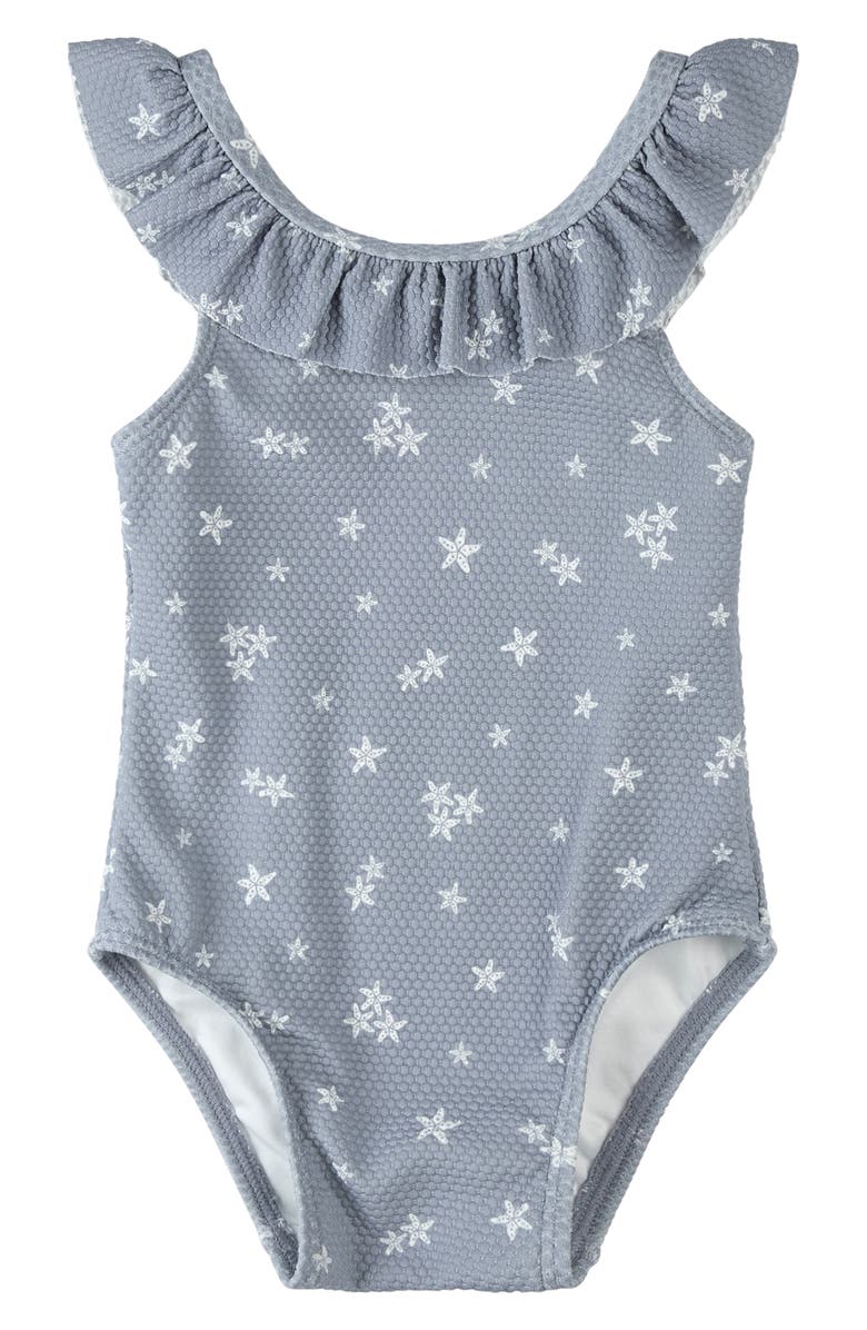 Petit Lem Ruffle Starfish Print One-Piece Swimsuit, Main, color, Dusty Blue