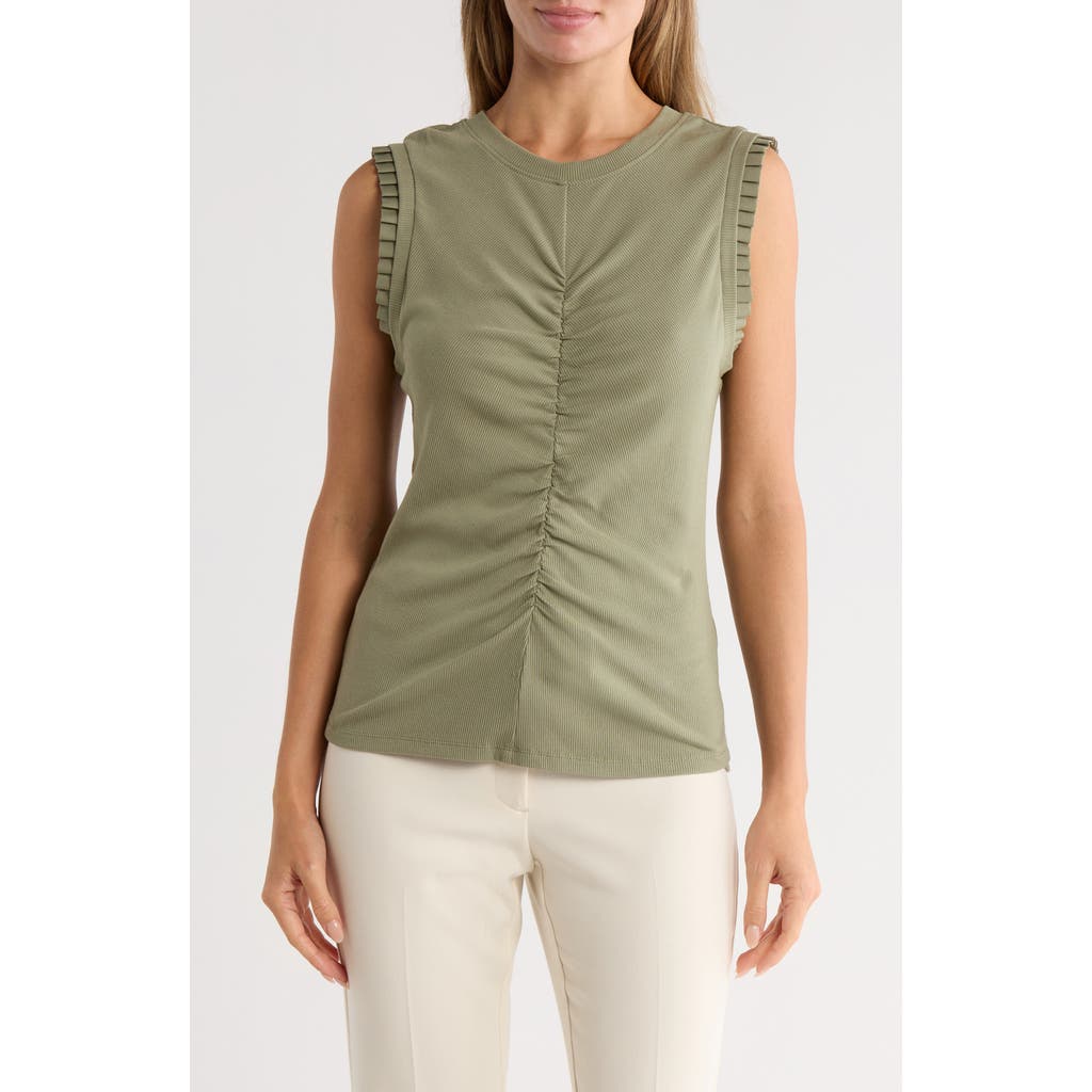 Democracy Ruched Rib Mixed Media Knit Top In Green