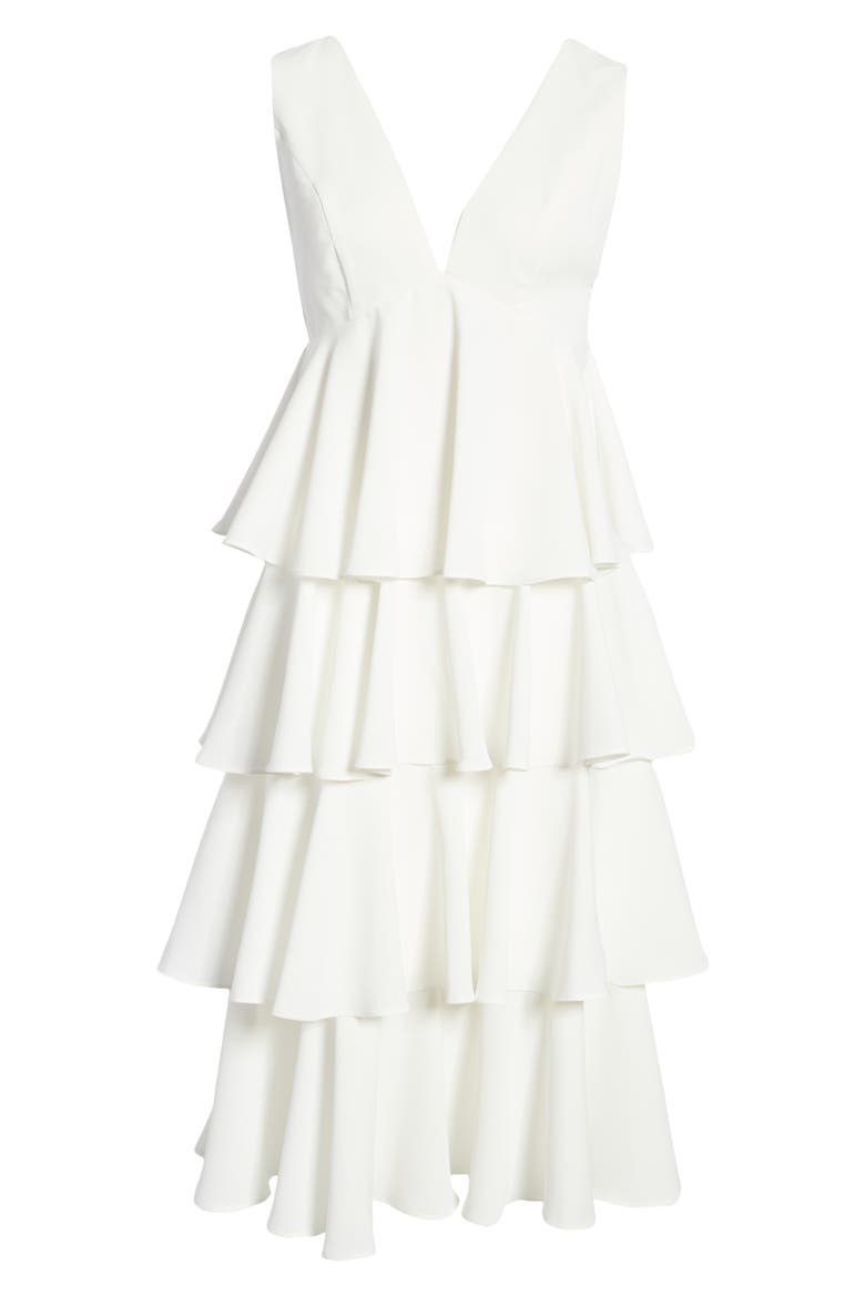 Plunge Neck Tiered Ruffle Cocktail Dress, Alternate, color, WHITE