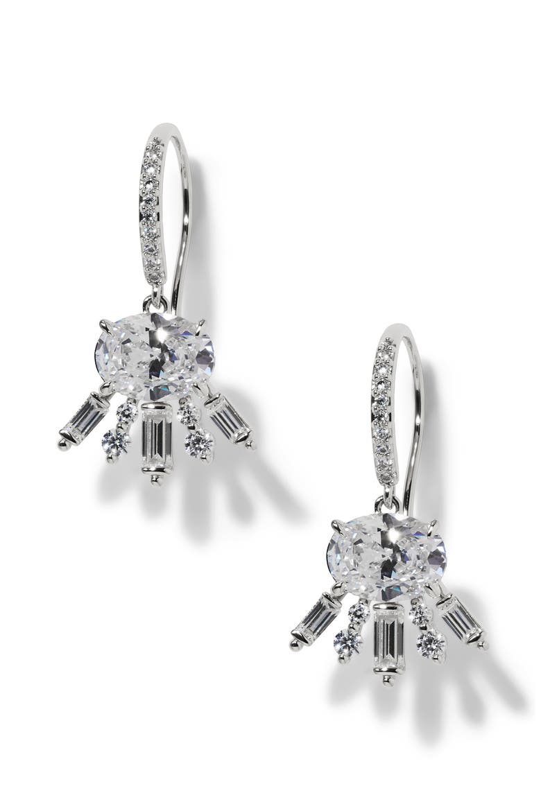 Stellar Halo Drop Earrings, Main, color, RHODIUM