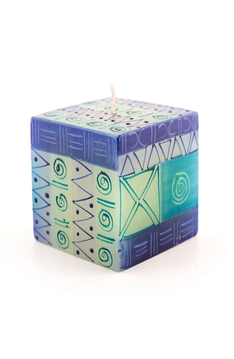 Thumbprint Artifacts Blue & Green Painted Cube Candle, Main, color, Blue - 3X3x3