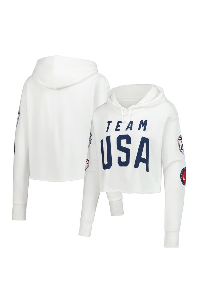 Outerstuff Women's White Team USA Flag & Patches Fleece Cropped Pullover Hoodie, Alternate, color, White