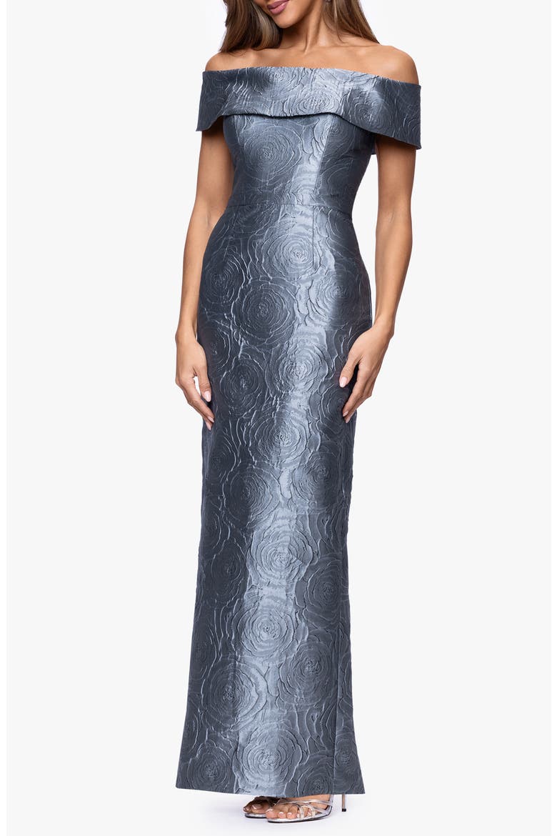 Metallic Jacquard Off the Shoulder Gown, Alternate, color, SLATE