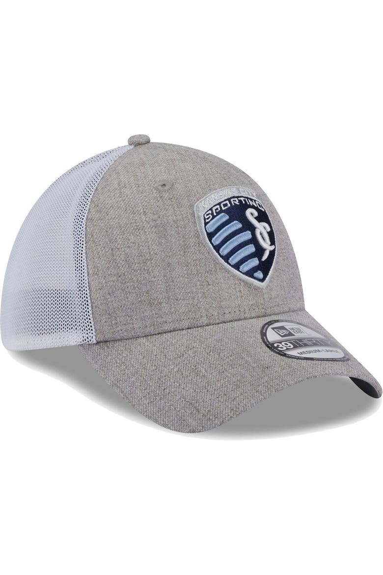 Men's New Era Heather Gray/White Sporting Kansas City 39THIRTY Trucker Flex Hat, Alternate, color, Heather Gray