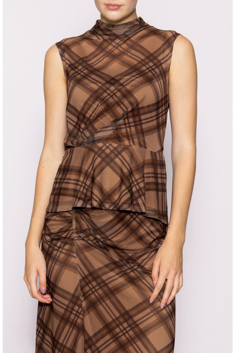 Side Cinch Plaid Mesh Peplum Top, Main, color, BROWN