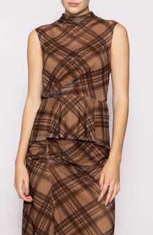 MELLODAY Side Cinch Plaid Mesh Peplum Top