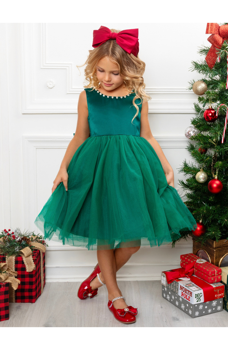 Mia Belle Girls Perfect Bow Satin Christmas Dress, Alternate, color, Green