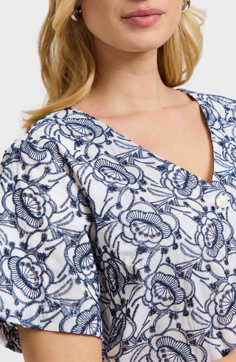 Foxcroft Isabel Floral Embroidered Cotton Button-Up Top, Alternate, color, White/ Navy