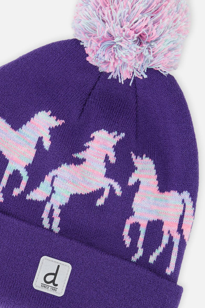 Winter Unicorn Rolled Cuff Pompom Knit Hat, Alternate, color, Purple and Blue