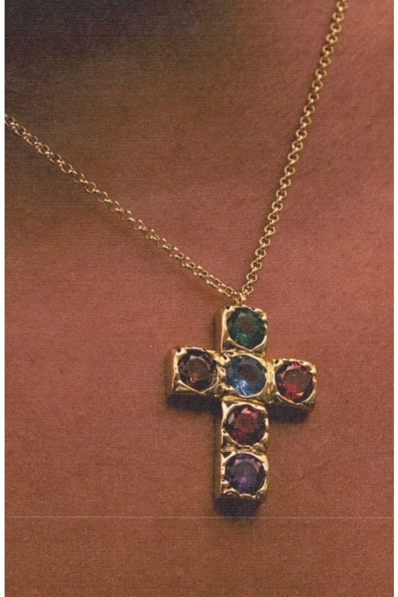 Multicolor Bezel Cross Pendant Necklace, Alternate, color, GOLD