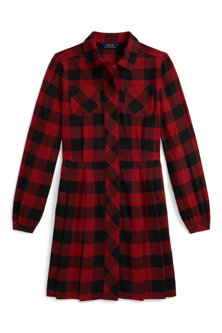 Kids' Long Sleeve Plaid Twill Shirtdress, Main, color, RED/ BLACK CHECK